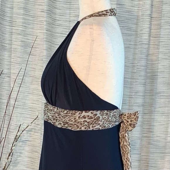 Phoebe Couture black and leopard print halter top A-line dress. - Picture 7 of 16